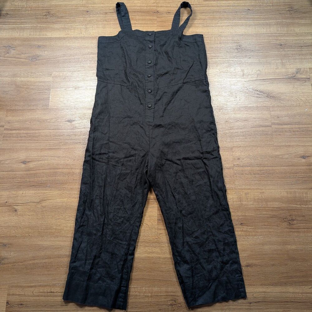 Everlane Linen Picnic Straight Leg Jumpsuit Sz 16 Black Sleeveless Button Front